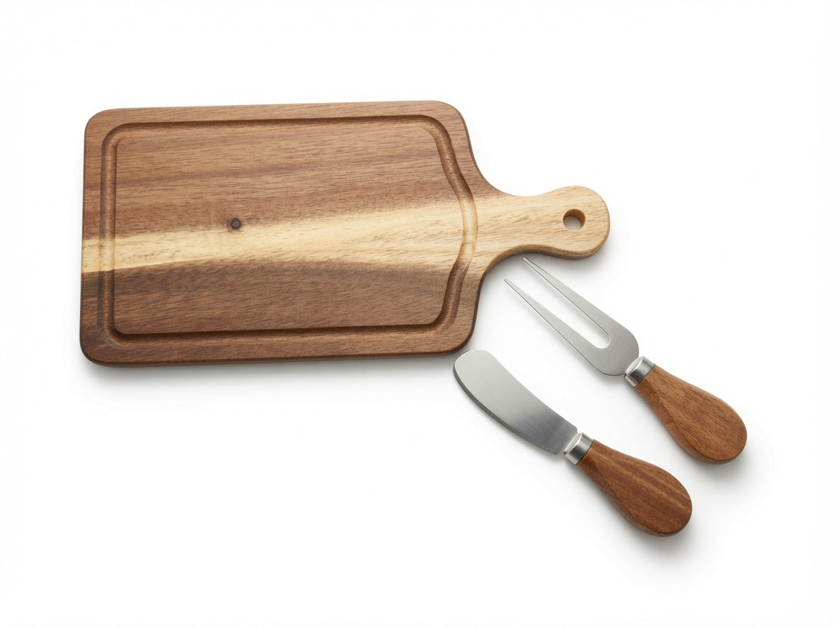 Cutting Board with Cheese Knife/fork and Custom Engraving